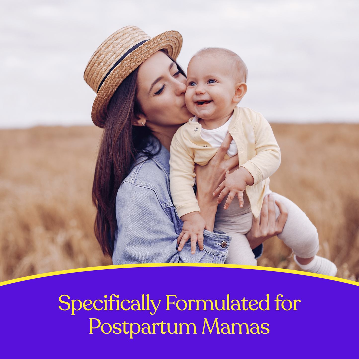 Postpartum hair supplement specifically formulated for postpartum mamas, mother holding baby