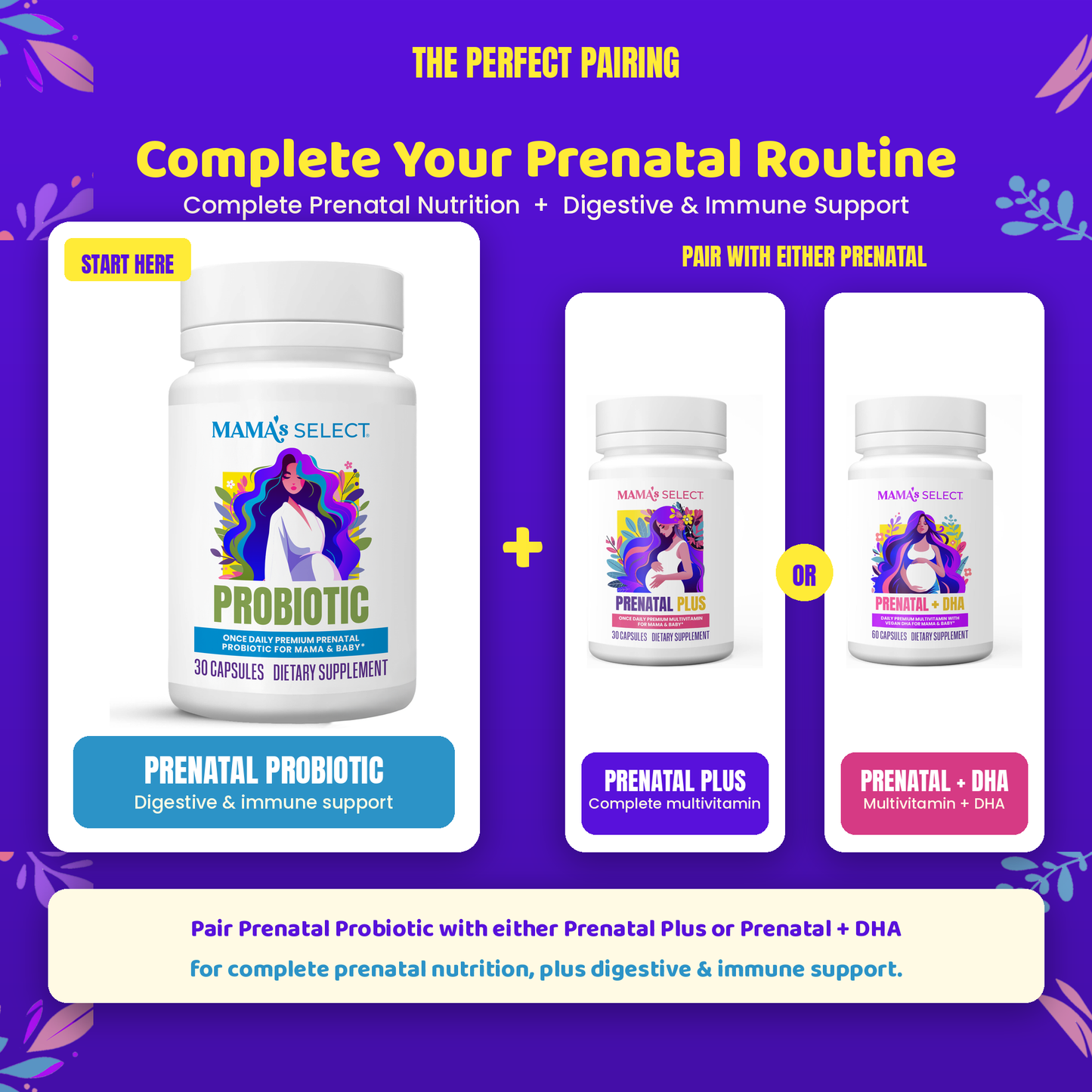 Prenatal probiotic supplement bottle with label and two smaller companion bottles