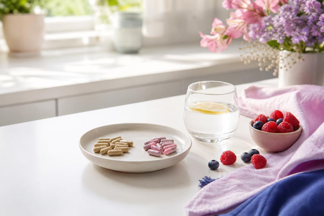 Morning prenatal supplement routine with water, berries, and soft linens