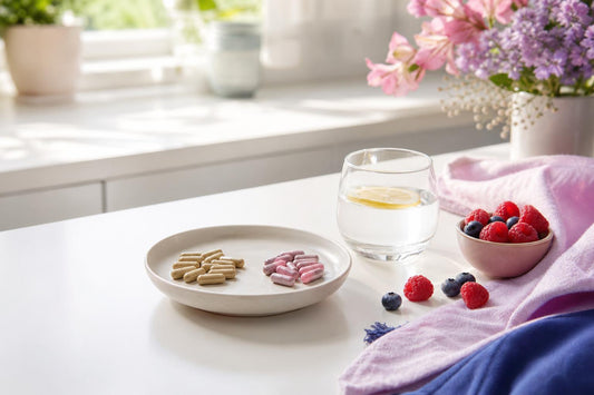 Morning prenatal supplement routine with water, berries, and soft linens