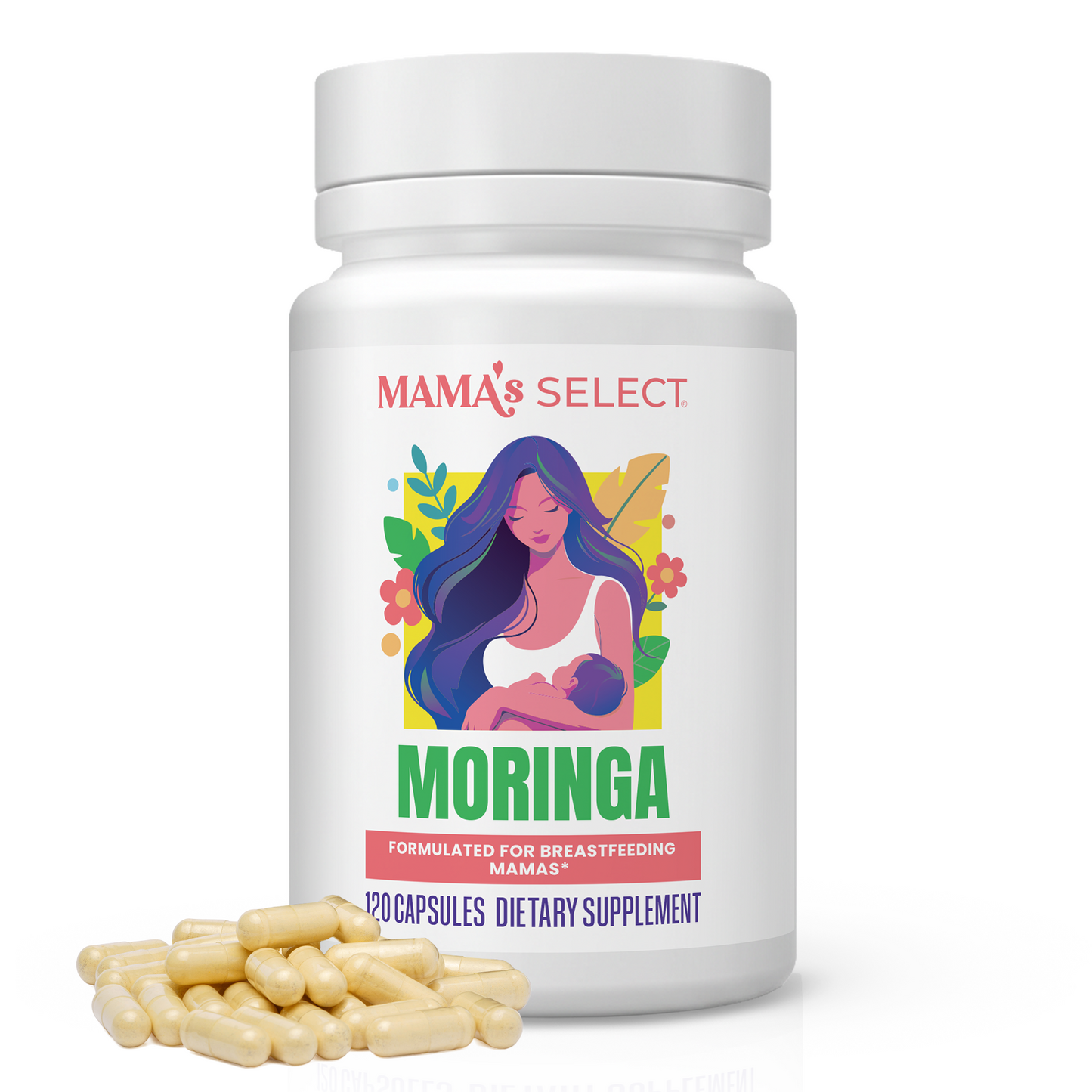 Organic moringa dietary supplement bottle with 120 light-yellow capsules on white