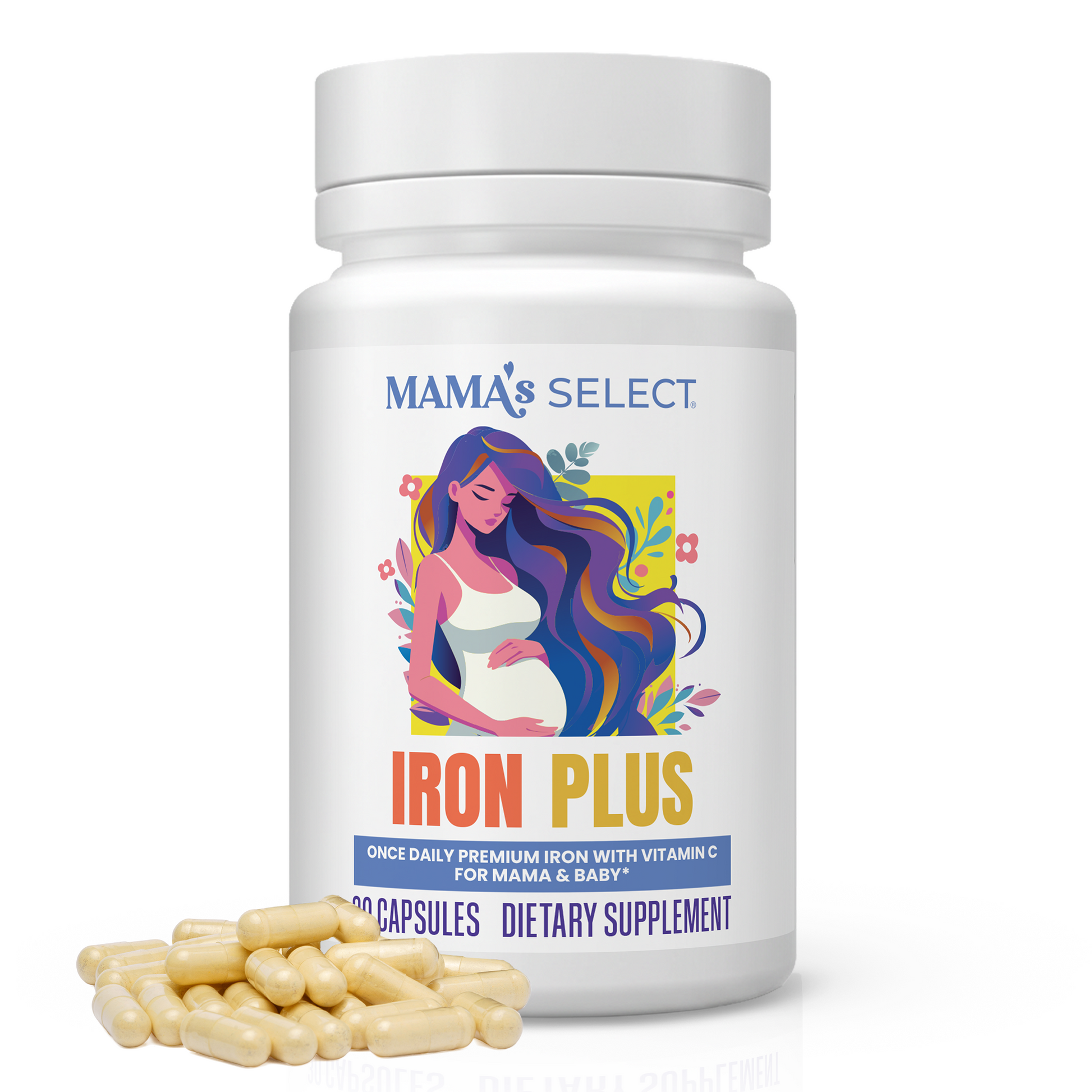 Iron Plus supplement bottle with loose capsules, white bottle and light yellow gel caps