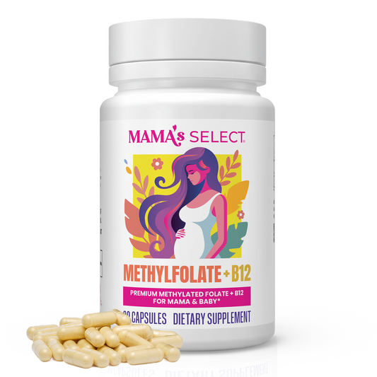 Methylfolate + B12 dietary supplement bottle with capsules, Mama's Select