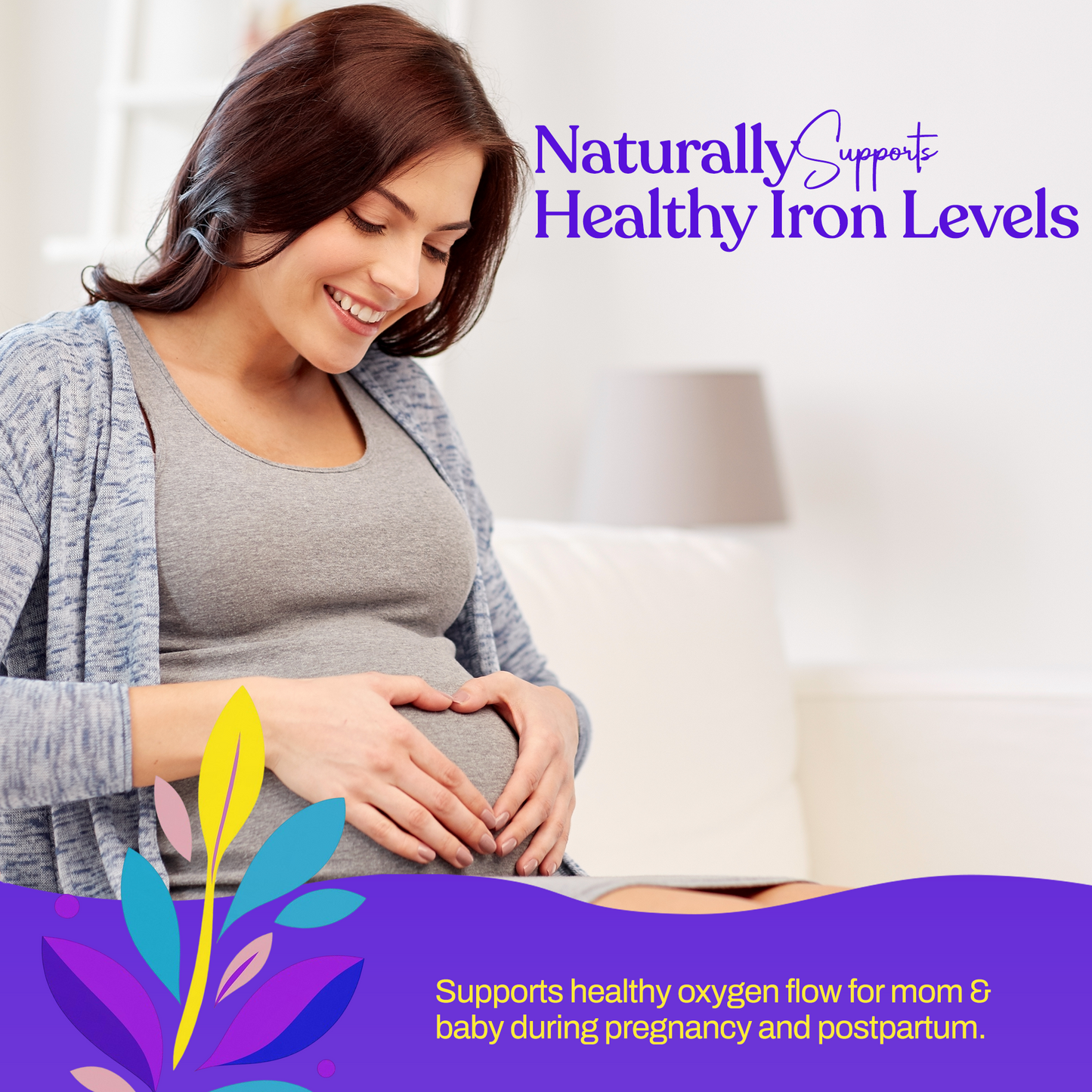 Pregnant woman smiling with hands on belly and iron support benefits graphic