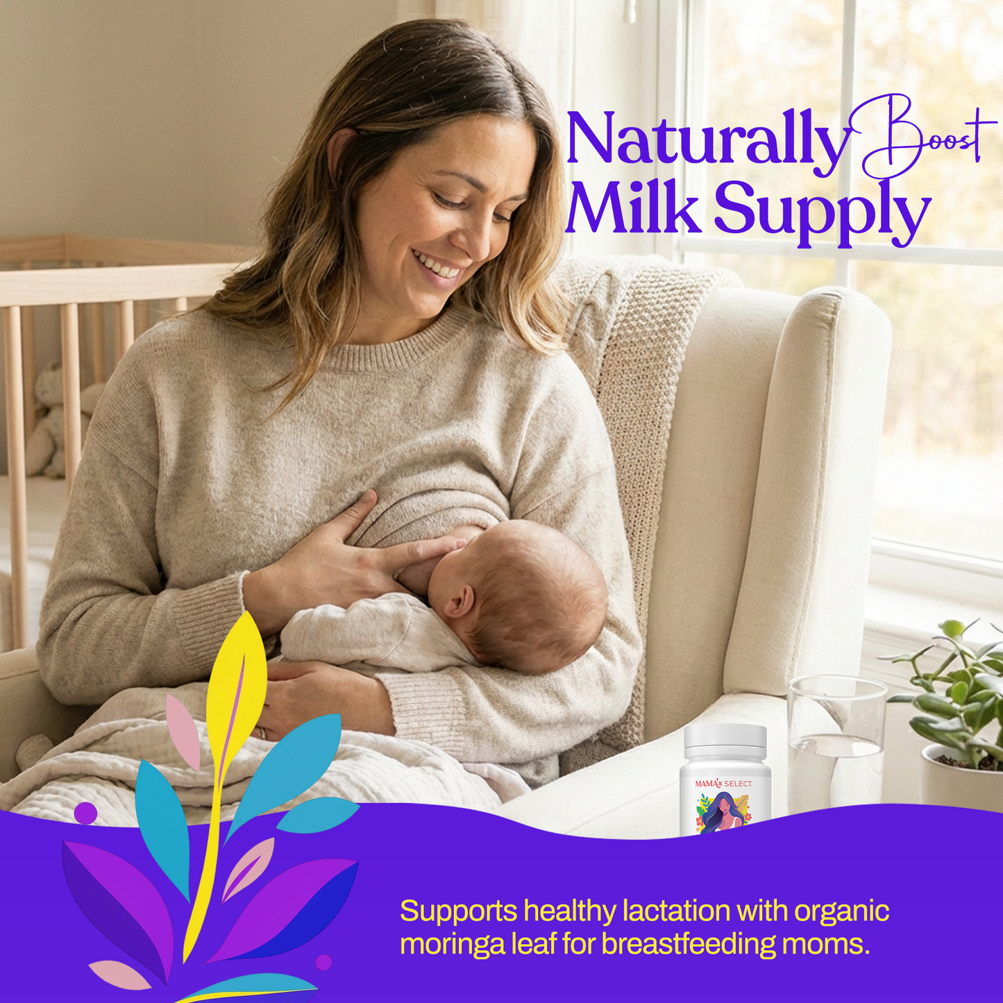 Organic moringa supplement shown near breastfeeding mom holding baby