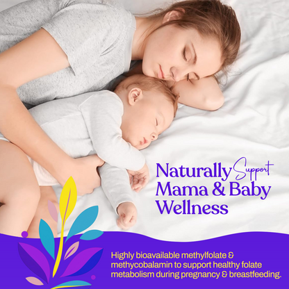 Naturally supports mama & baby wellness graphic featuring methylfolate and B12