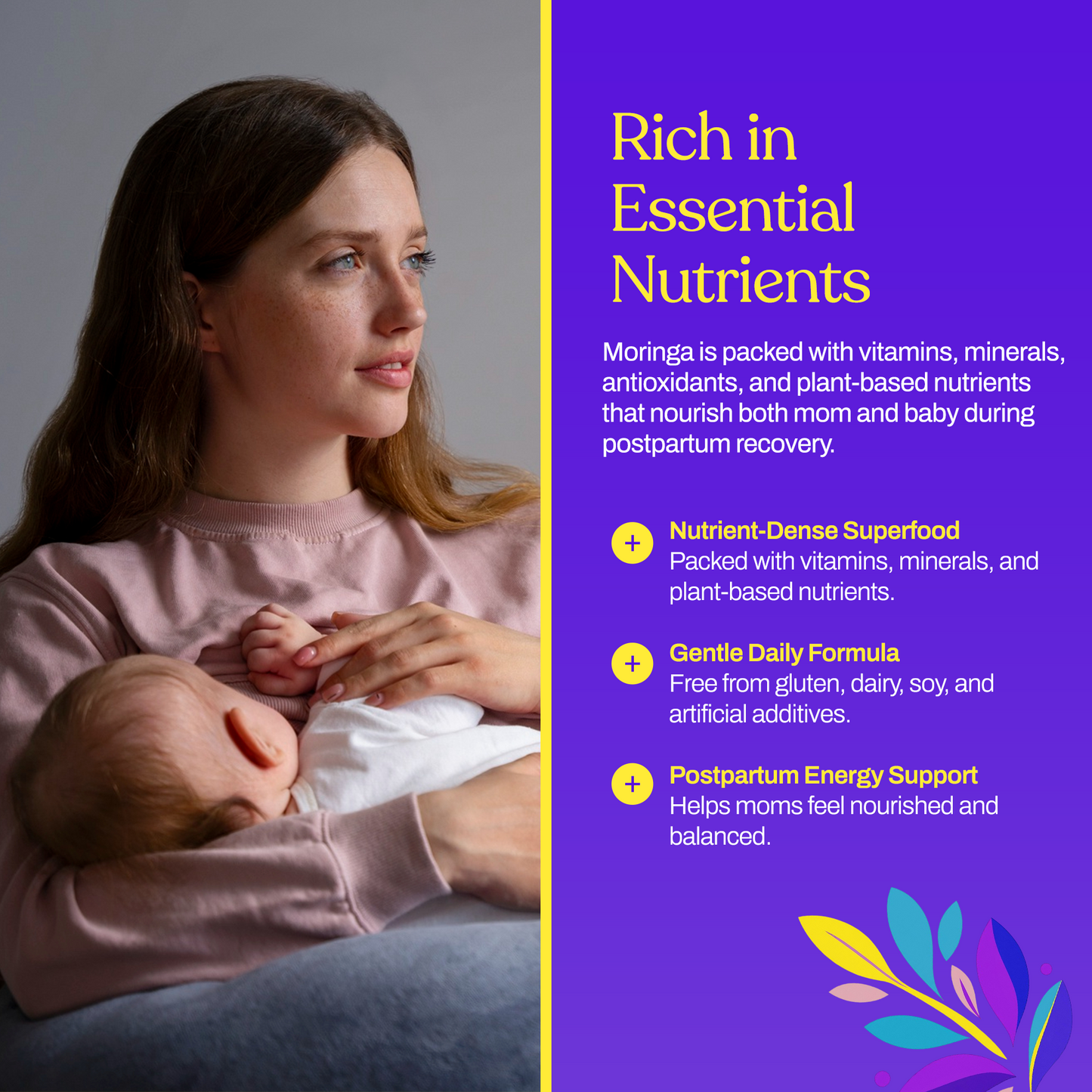 Organic moringa supplement bottle with breastfeeding mom and nutrients panel