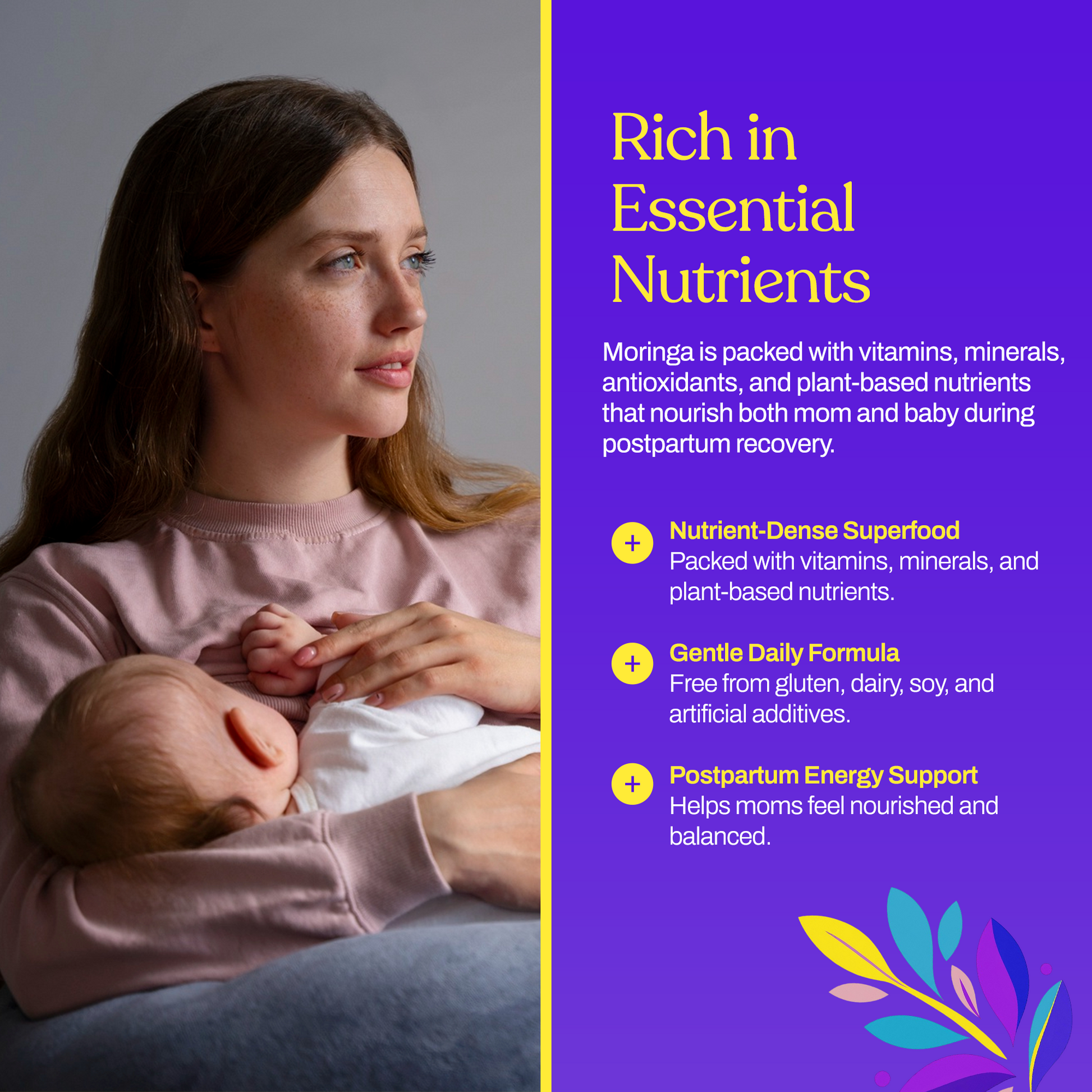 Organic moringa supplement bottle with breastfeeding mom and nutrients panel