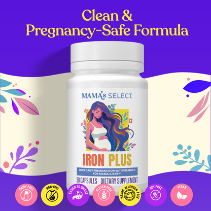 Iron Plus supplement bottle centered with clean formula icons and badges, white bottle