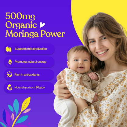 Organic moringa supplement with 500mg organic moringa power text and smiling mom
