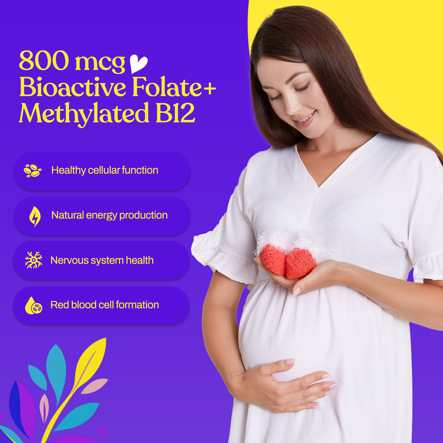 800 mcg bioactive folate + methylated B12 supplement benefits graphic