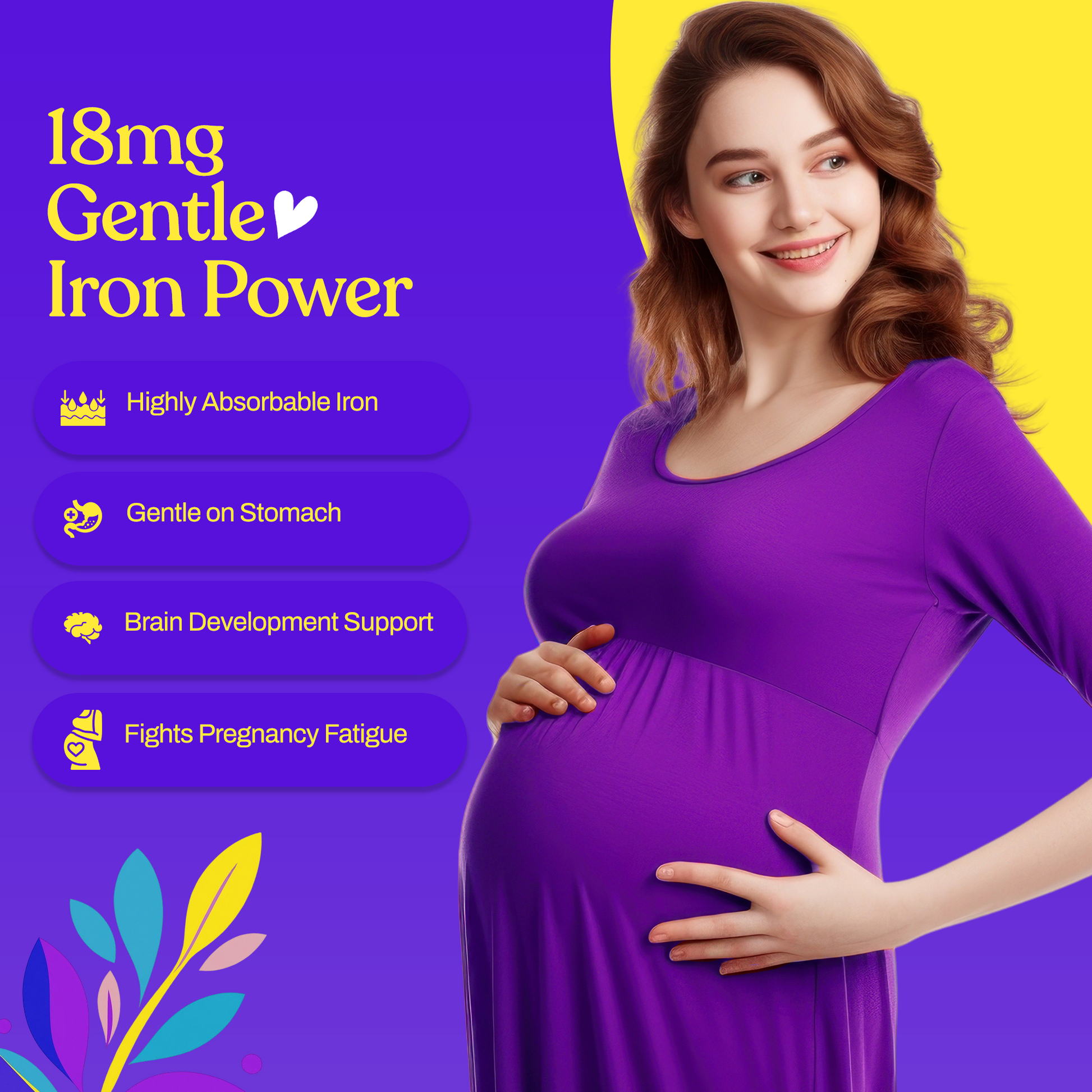 Pregnant woman in a purple dress with iron supplement benefits graphic and feature buttons