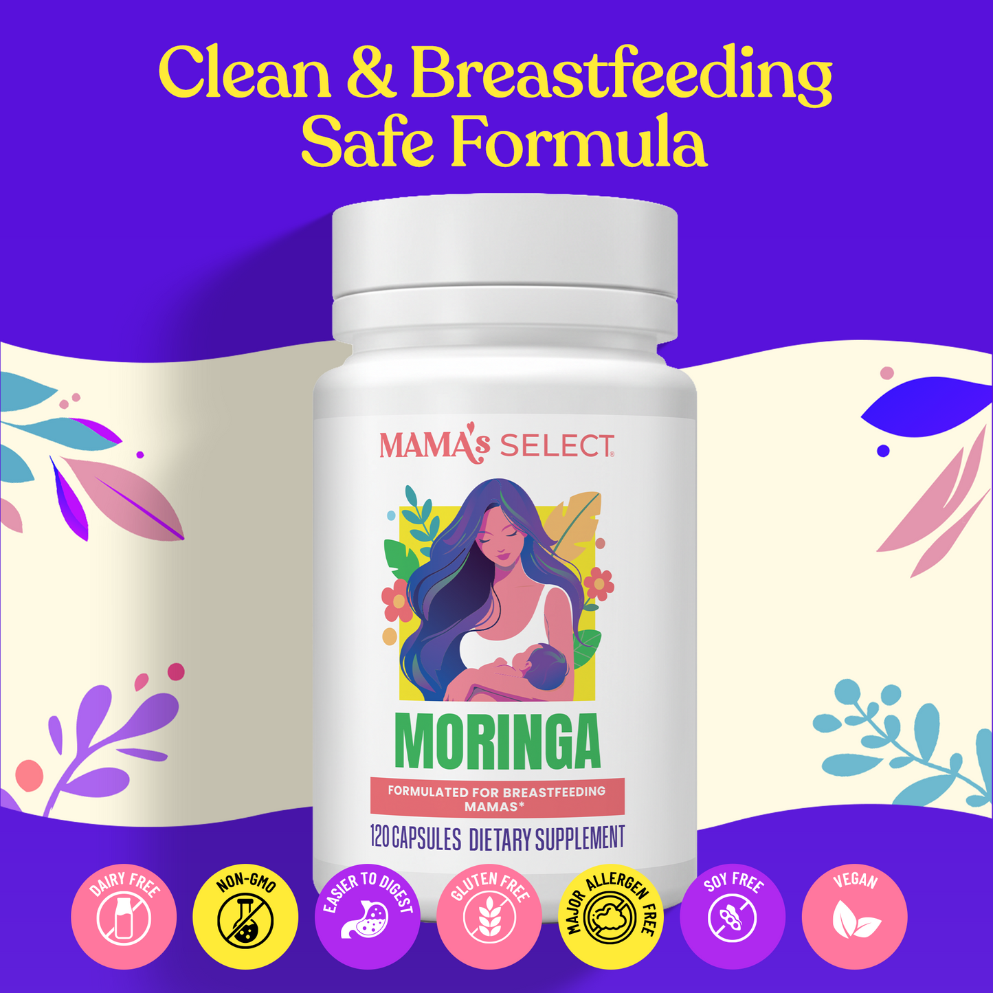 Organic moringa supplement bottle with clean & breastfeeding safe formula icons