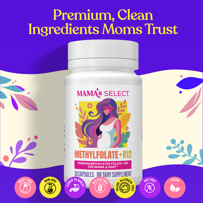 Methylfolate + B12 bottle with clean-ingredients badges: dairy-free, gluten-free, vegan