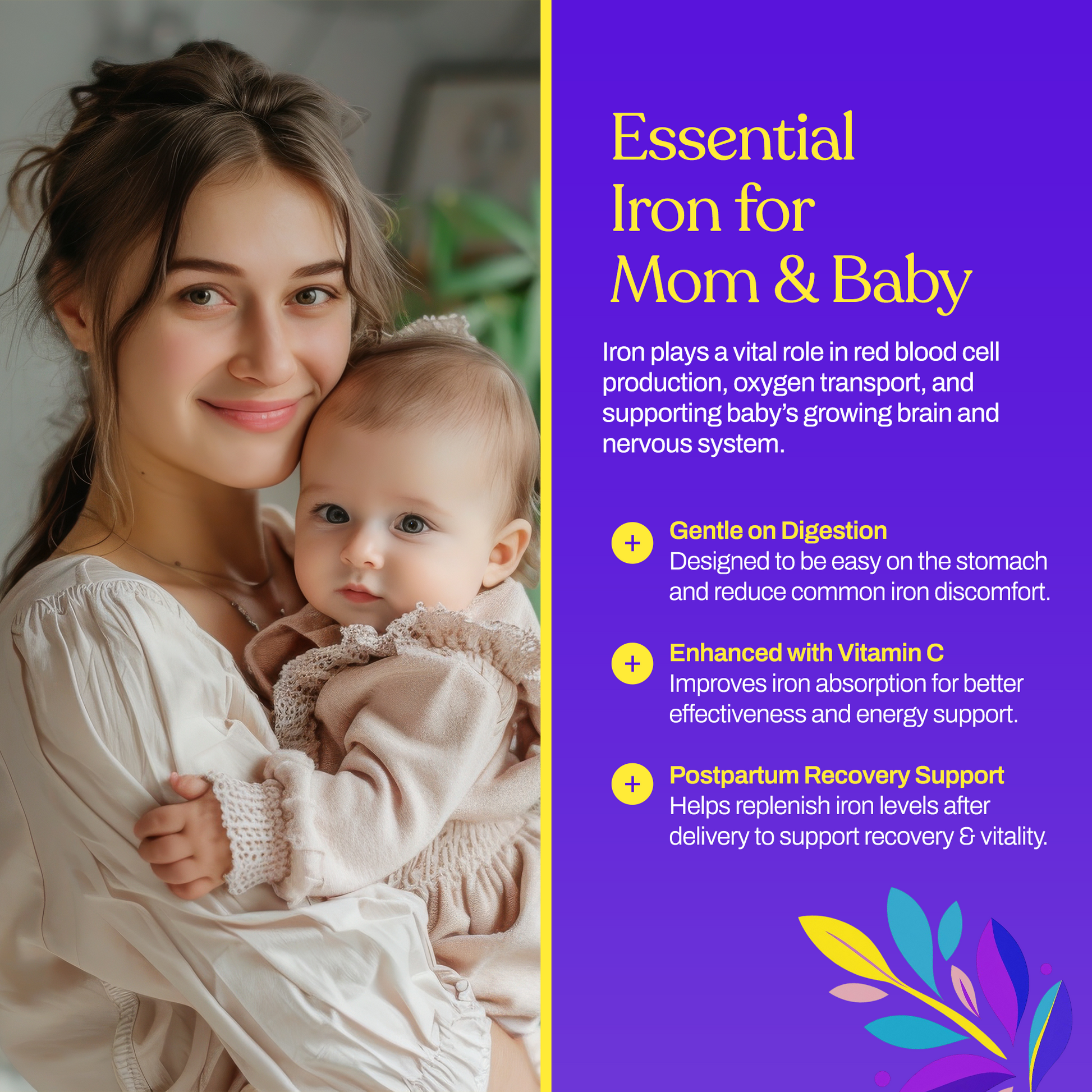 Mom and baby with iron supplement benefits graphic and bold text for pregnancy