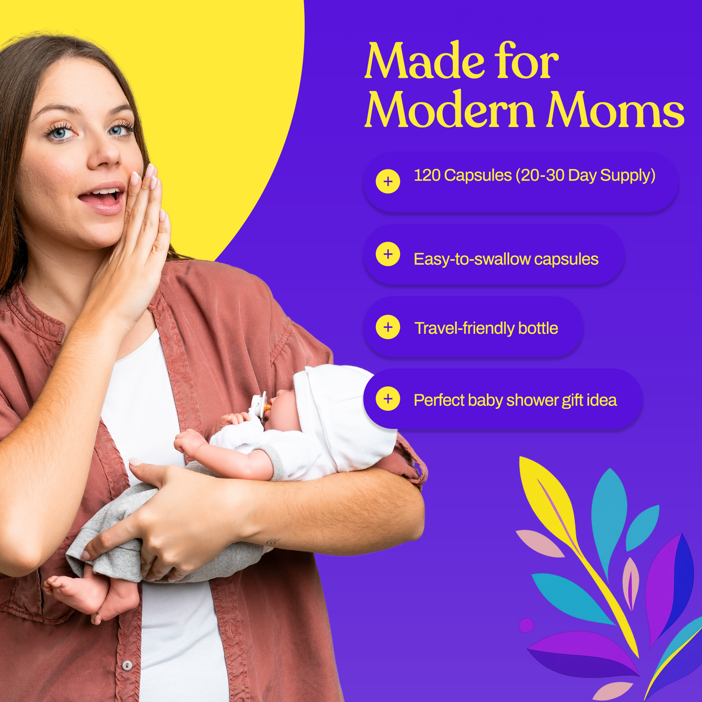 Organic moringa supplement bottle with breastfeeding mom holding baby