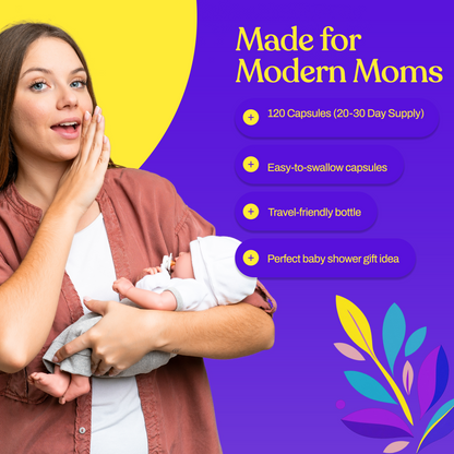 Organic moringa supplement bottle with breastfeeding mom holding baby