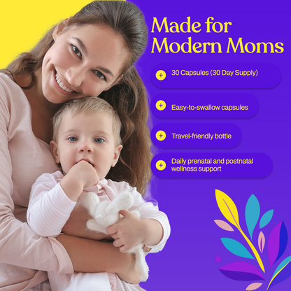 Made for modern moms graphic: 30 capsules, easy-to-swallow, travel-friendly