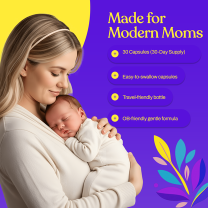 Mom holding a sleeping baby with iron supplement benefits graphic and feature bullets