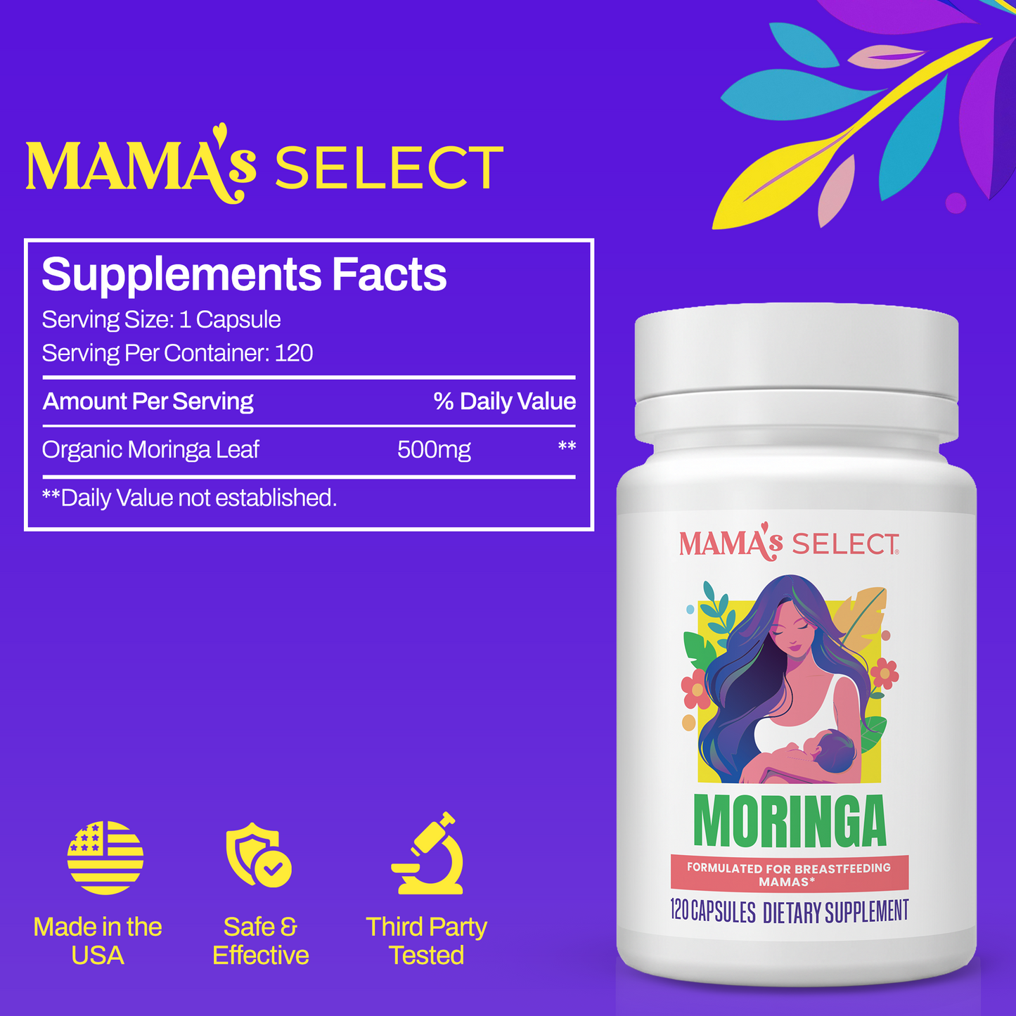 Organic moringa supplement label panel with bottle and supplements facts table