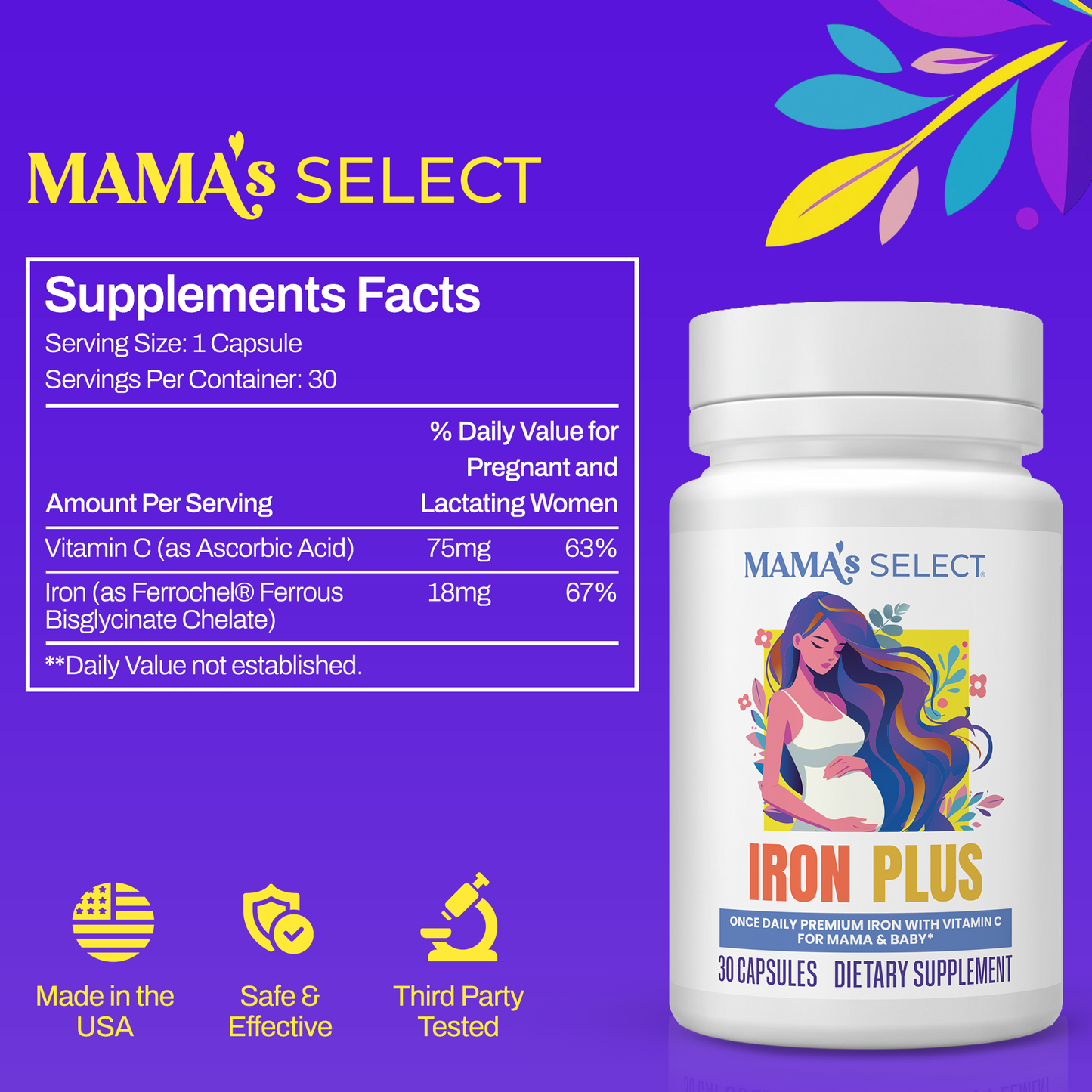 Iron Plus supplement bottle with front label and Supplements Facts panel, white bottle