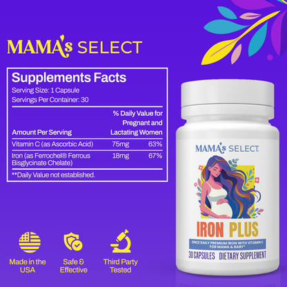 Iron Plus supplement bottle with front label and Supplements Facts panel, white bottle