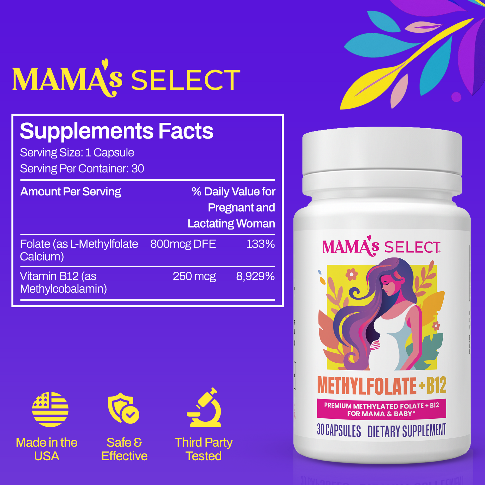 Methylfolate + B12 bottle and Supplement Facts label