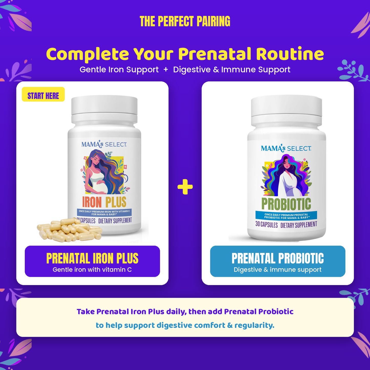 Iron Plus prenatal iron supplement bottle with beige capsules beside it