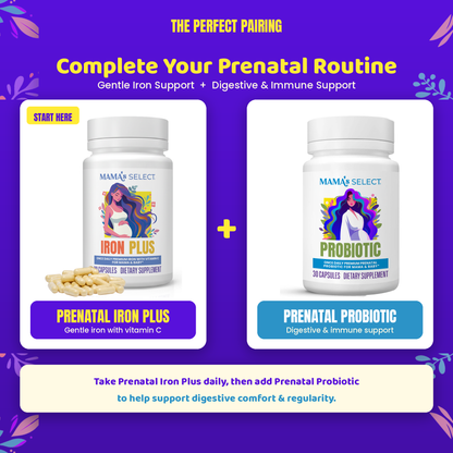Iron Plus prenatal iron supplement bottle with beige capsules beside it