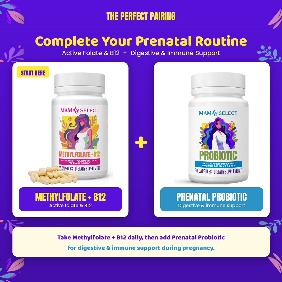 Methylfolate + B12 supplement bottle with capsules for prenatal active folate.