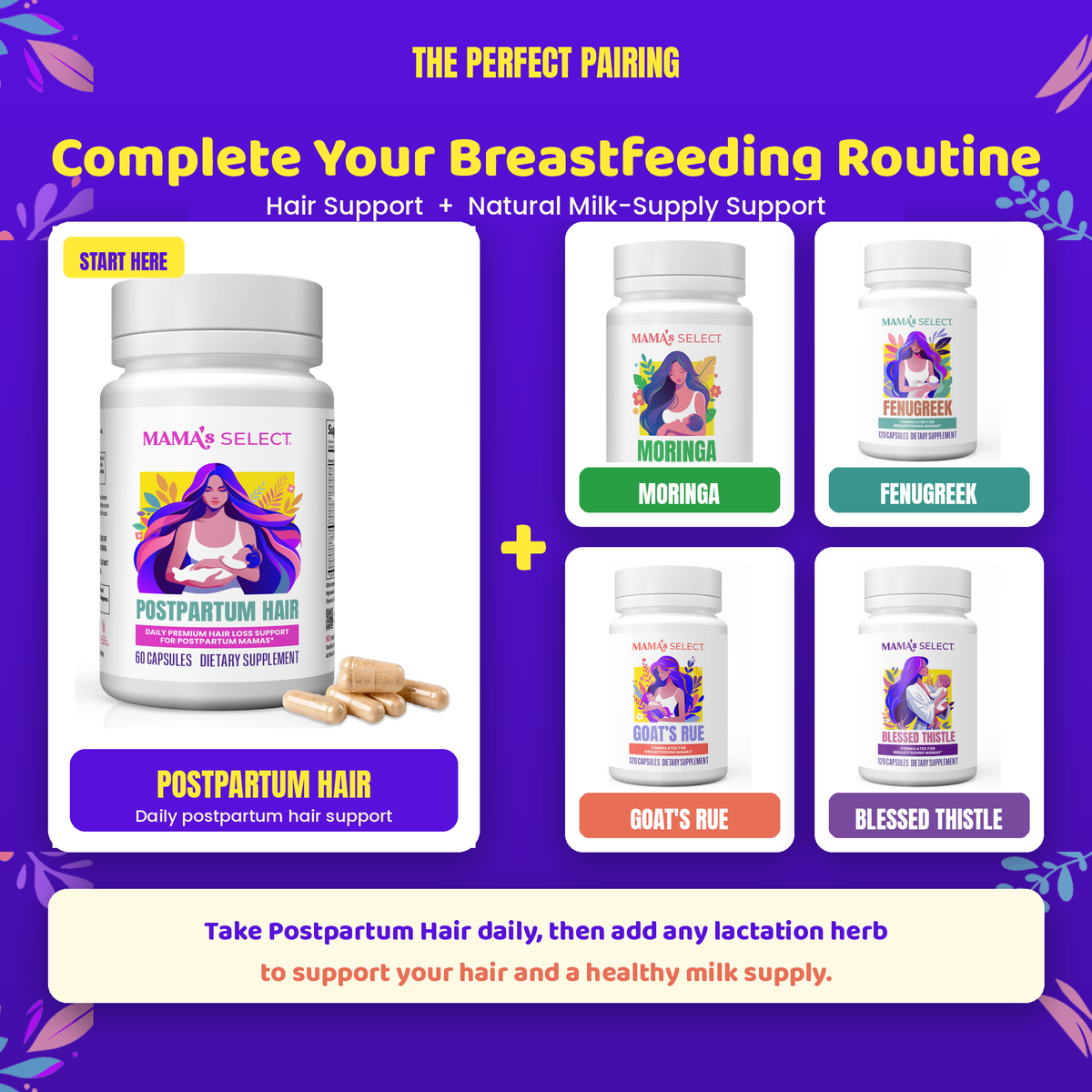 Postpartum hair supplement bottle with MAMA'S SELECT label and loose capsules