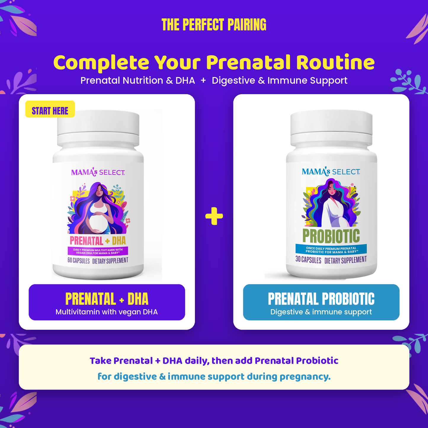 White prenatal supplement bottle with colorful label reading “Prenatal + DHA”