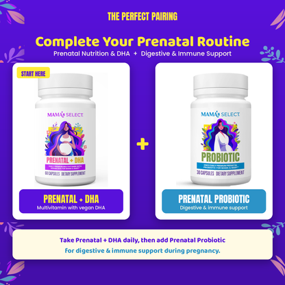 White prenatal supplement bottle with colorful label reading “Prenatal + DHA”
