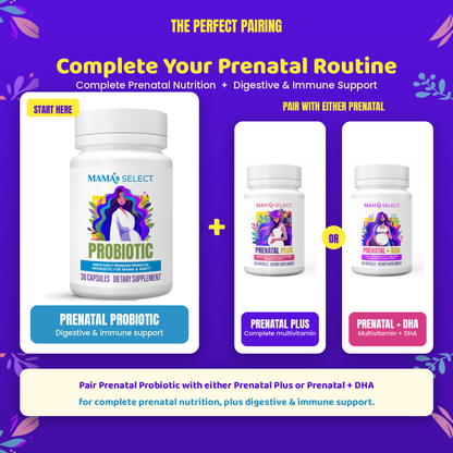 Prenatal probiotic supplement bottle with label and two smaller companion bottles